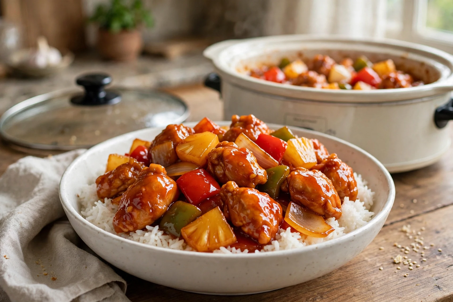 Slow cooker sweet and sour chicken with peppers and pineapple over rice