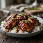 Slow cooker teriyaki chicken thighs glazed over white rice with sesame seeds