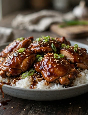 Slow cooker teriyaki chicken thighs glazed over white rice with sesame seeds
