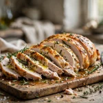 Juicy sliced slow cooker turkey breast with herb butter on a cutting board