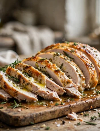 Juicy sliced slow cooker turkey breast with herb butter on a cutting board