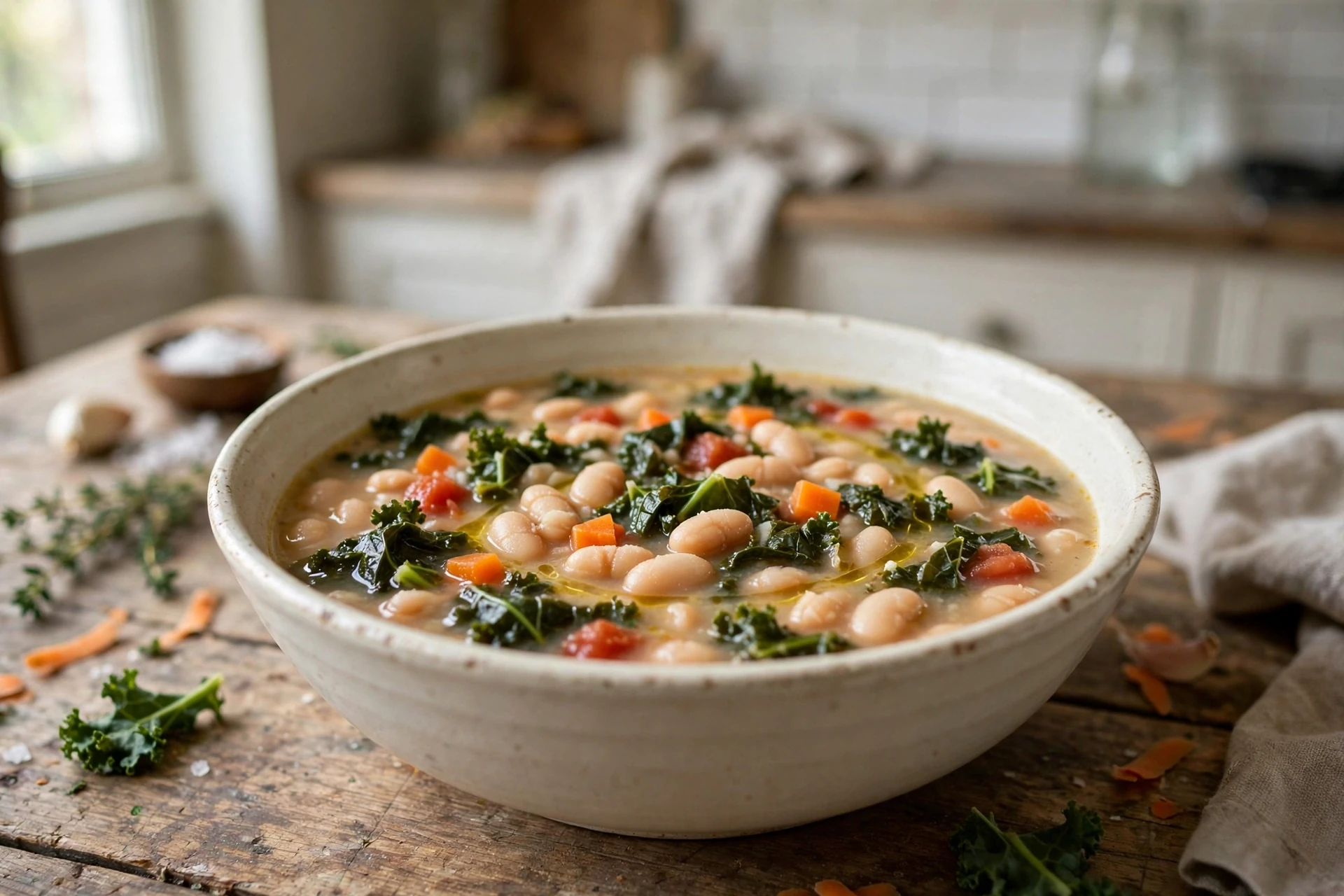 Bowl of slow cooker Tuscan white bean soup with cannellini beans, kale, and carrots