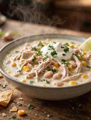 Bowl of slow cooker white chicken chili with shredded chicken, white beans and corn, topped with sour cream, cilantro and lime