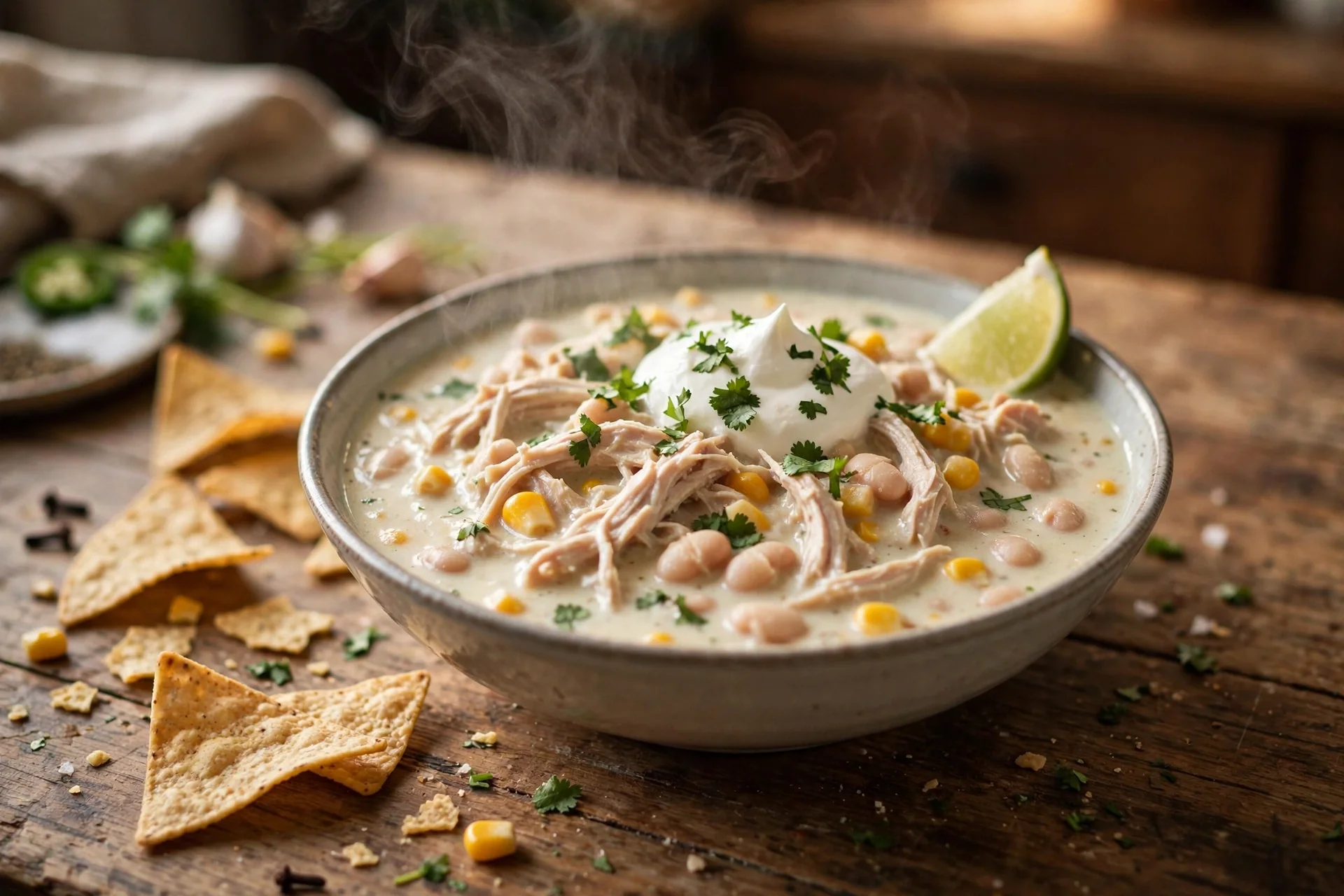 Bowl of slow cooker white chicken chili with shredded chicken, white beans and corn, topped with sour cream, cilantro and lime