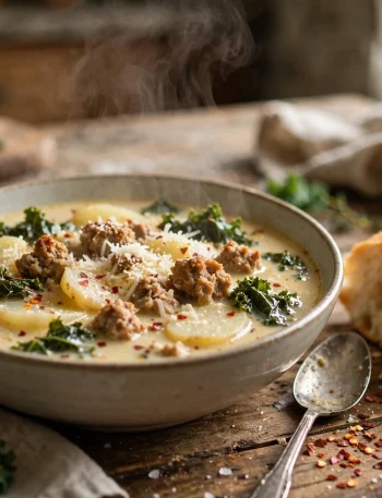 Bowl of slow cooker zuppa toscana soup with chicken sausage, kale and potatoes in creamy broth, topped with parmesan