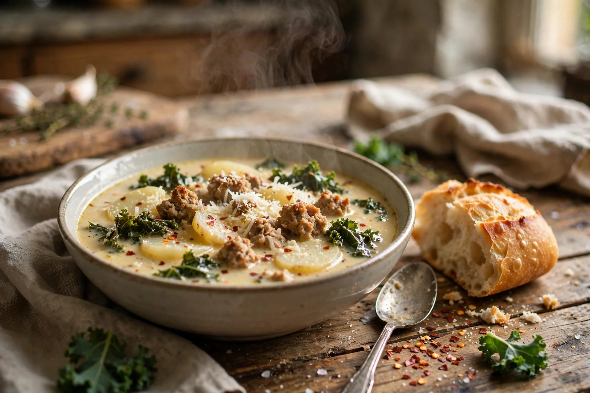 Bowl of slow cooker zuppa toscana soup with chicken sausage, kale and potatoes in creamy broth, topped with parmesan