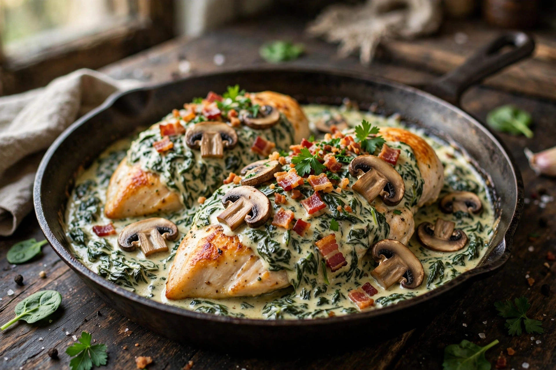 Smothered chicken breasts with creamed spinach and mushrooms in a cast iron skillet