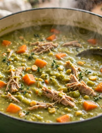 Split pea soup with smoked turkey and carrots in a green Dutch oven