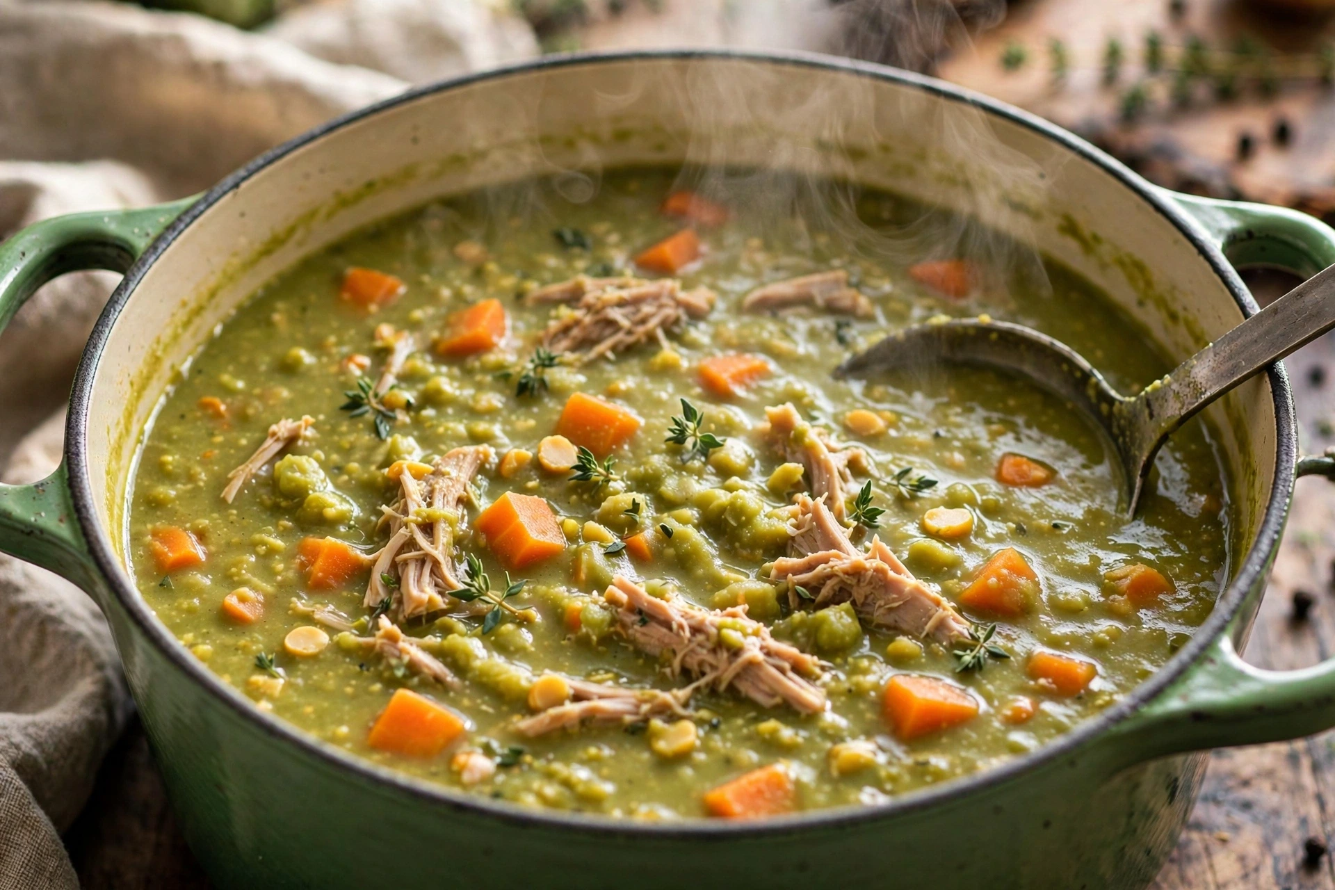 Split pea soup with smoked turkey and carrots in a green Dutch oven