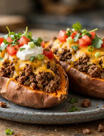 Taco stuffed sweet potatoes with seasoned ground beef, melted cheddar, sour cream, tomatoes and cilantro