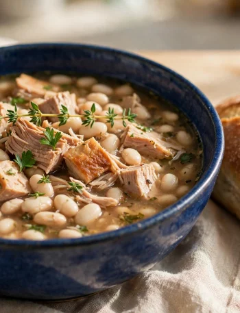 Turkey and bean soup with navy beans in a blue bowl with crusty bread