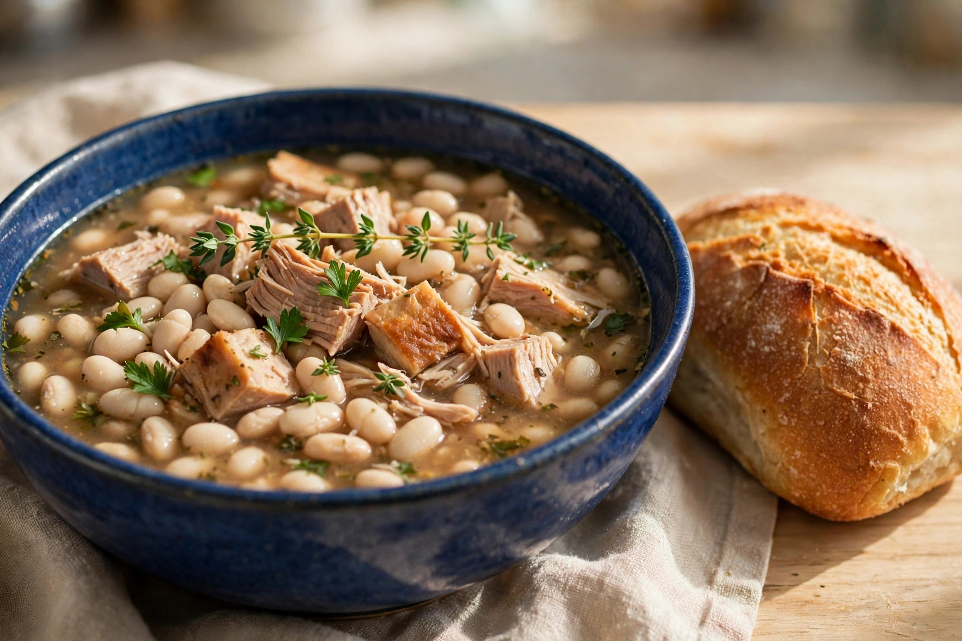 Turkey and bean soup with navy beans in a blue bowl with crusty bread